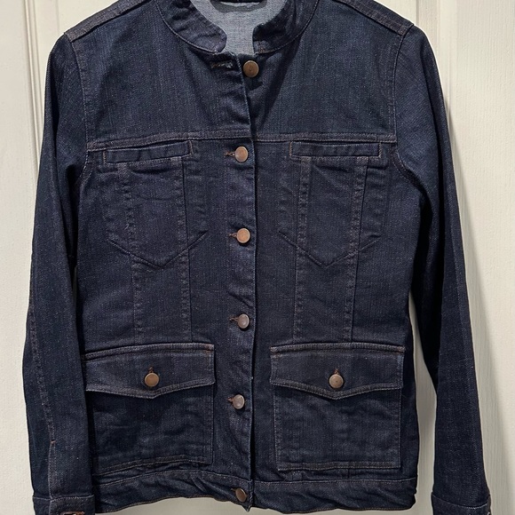Eileen Fisher Banded Collar Denim Jacket Brass Buttons Pockets at Chest & Hips - Picture 2 of 8